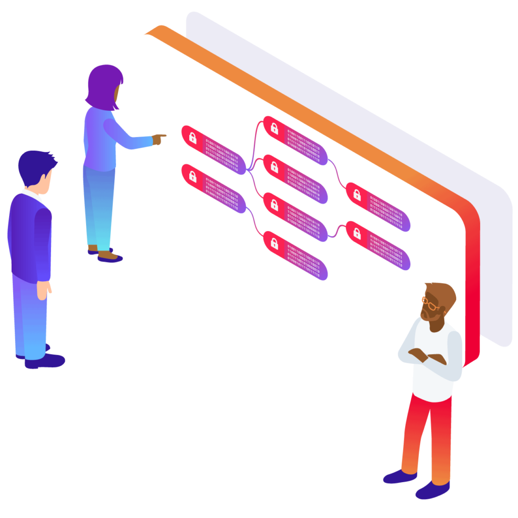 Three Database Administrators Stand Around Planning on a Board with a Journey and Process Map